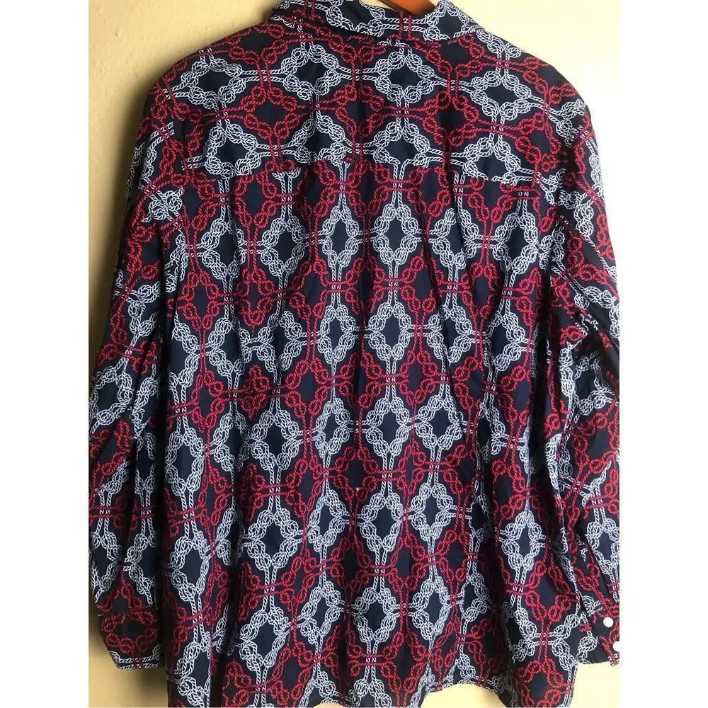 TOMMY HILFIGER Navy w/ Red & White Knotted Rope Print Tabbed Sleeve Shirt Sz 1X - Picture 6 of 13